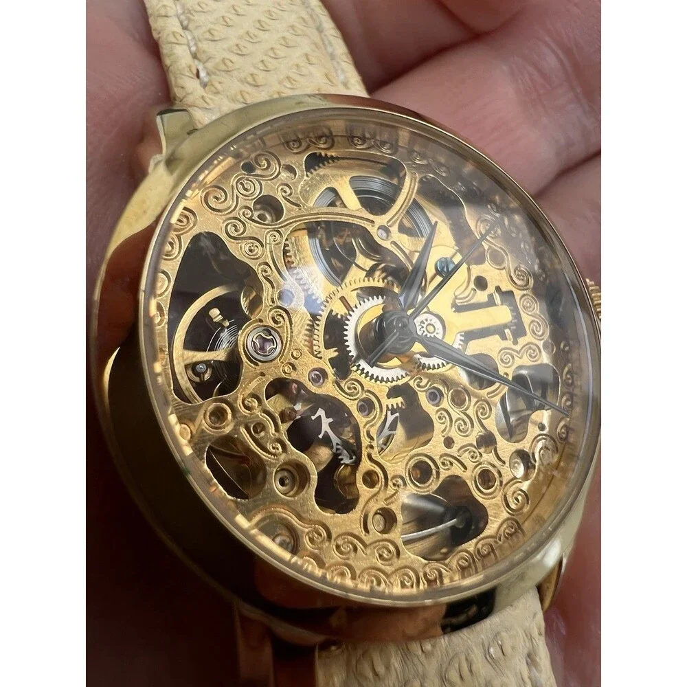 $450 Akribos XXIV AK431YG-A Automatic Skeleton Watch Krysterna Crystal Leather